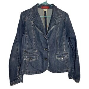 Level 99 Women's Denim Blazer Jacket L‎ SP5237 Mid-2000s Stretch Dark Wash Y2K